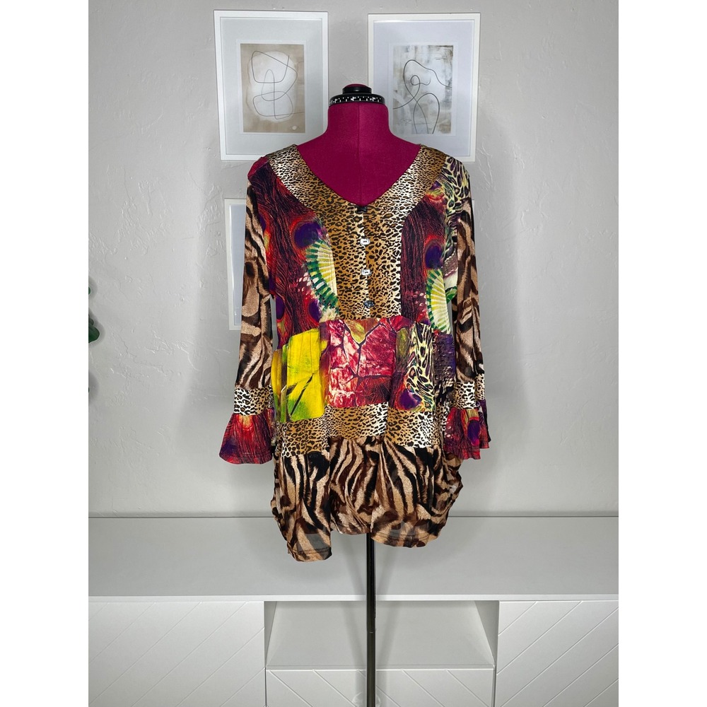 Caleesa Tunic Top Womens XL Multicolor Mixed Animal Print Patchwork Ruffle Hem